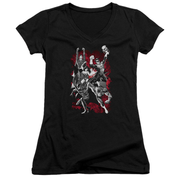 Black juniors v-neck t-shirt with Justice League Jla Explosion graphic