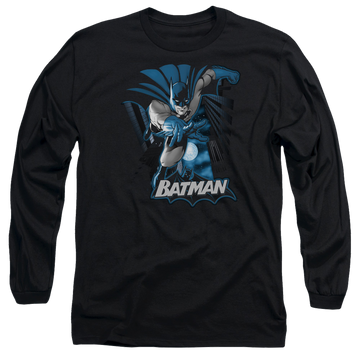 Black men's long sleeve t-shirt with Justice League Batman Blue & Gray graphic