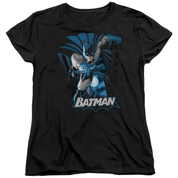 Black women's t-shirt with Justice League Batman Blue & Gray graphic