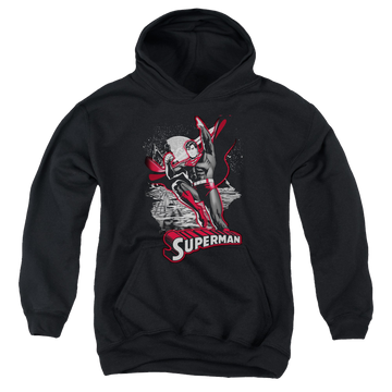 Black youth hoodie for ages 8 to 12 with Superman Red & Gray graphic