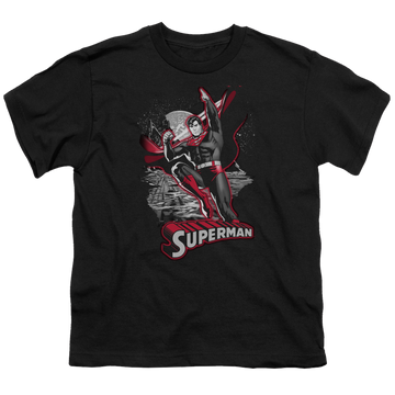 Black youth t-shirt for ages 8 to 12 with Superman Red & Gray graphic