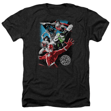 Charcoal men's heather t-shirt with Justice League Galactic Attack graphic