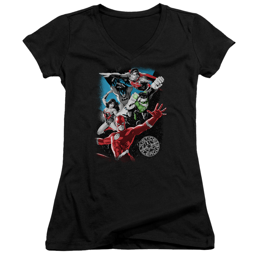 Justice League Galactic Attack Juniors V-Neck T-Shirt Juniors V-Neck T-Shirt Justice League   