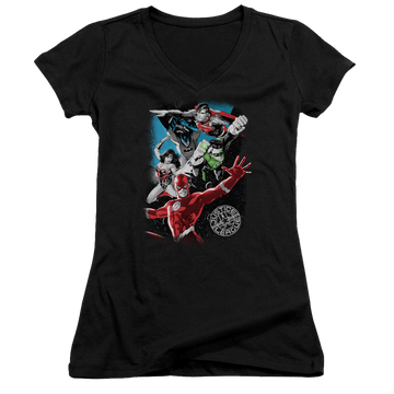 Black juniors v-neck t-shirt with Justice League Galactic Attack graphic