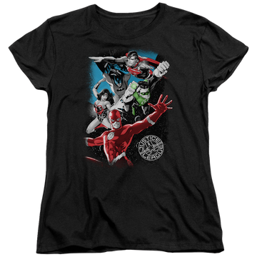 Black women's t-shirt with Justice League Galactic Attack graphic