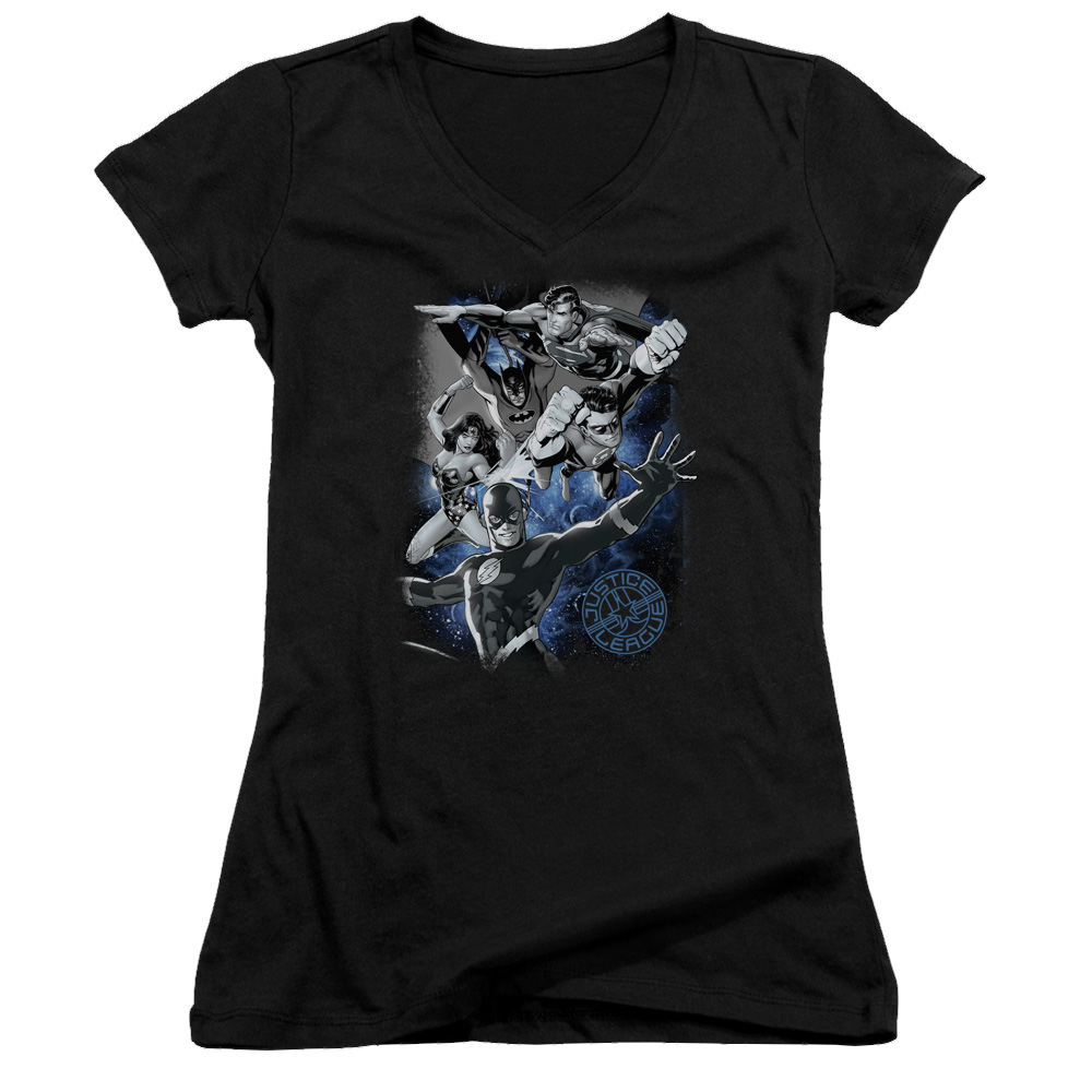 Justice League Galactic Attack Nebula Juniors V-Neck T-Shirt Juniors V-Neck T-Shirt Justice League   