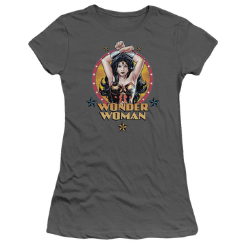 Charcoal juniors t-shirt with Wonder Woman Justice League Powerful Woman graphic