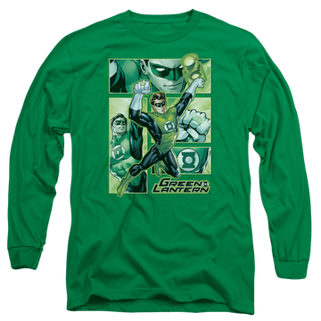 Kelly green men's long sleeve t-shirt with Green Lantern Panels graphic