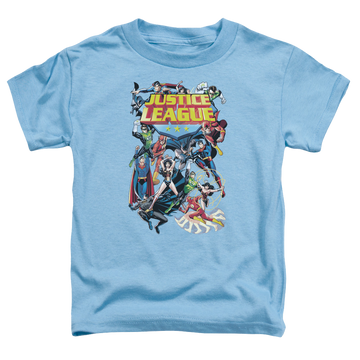 Carolina blue toddler t-shirt with Justice League League A Plenty graphic