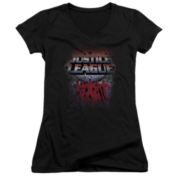 Black juniors v-neck t-shirt with Justice League Star League graphic