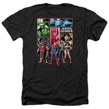 Charcoal men's heather t-shirt with Justice League Panels graphic