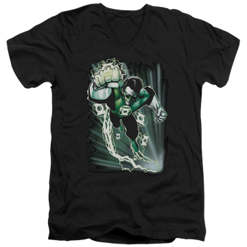 Black men's v-neck t-shirt with Green Lantern Emerald Energy graphic