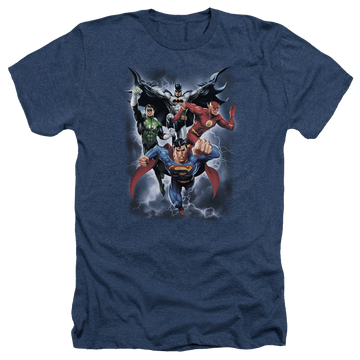 Navy men's heather t-shirt with Justice League The Coming Storm graphic