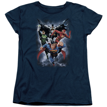 Navy women's t-shirt with Justice League The Coming Storm graphic
