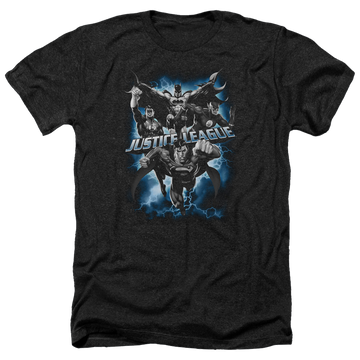 Charcoal men's heather t-shirt with Justice League Justice Storm graphic