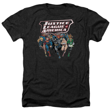 Charcoal men's heather t-shirt with Justice League Charging Justice graphic
