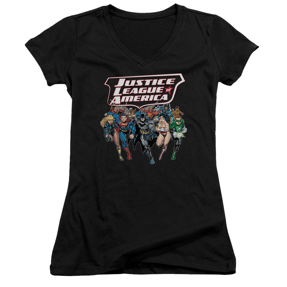 Justice League Charging Justice Juniors V-Neck T-Shirt Juniors V-Neck T-Shirt Justice League   