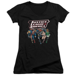Justice League Charging Justice Juniors V-Neck T-Shirt Juniors V-Neck T-Shirt Justice League   