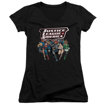 Black juniors v-neck t-shirt with Justice League Charging Justice graphic