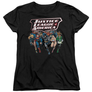 Black women's t-shirt with Justice League Charging Justice graphic