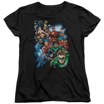 Black women's t-shirt with Justice League Heroes Unite graphic