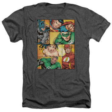Charcoal men's heather t-shirt with Justice League Hero Boxes graphic