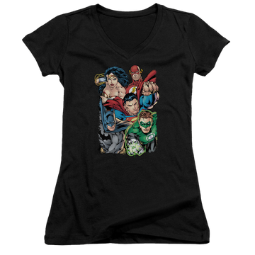 Black juniors v-neck t-shirt with Justice League Break Free graphic