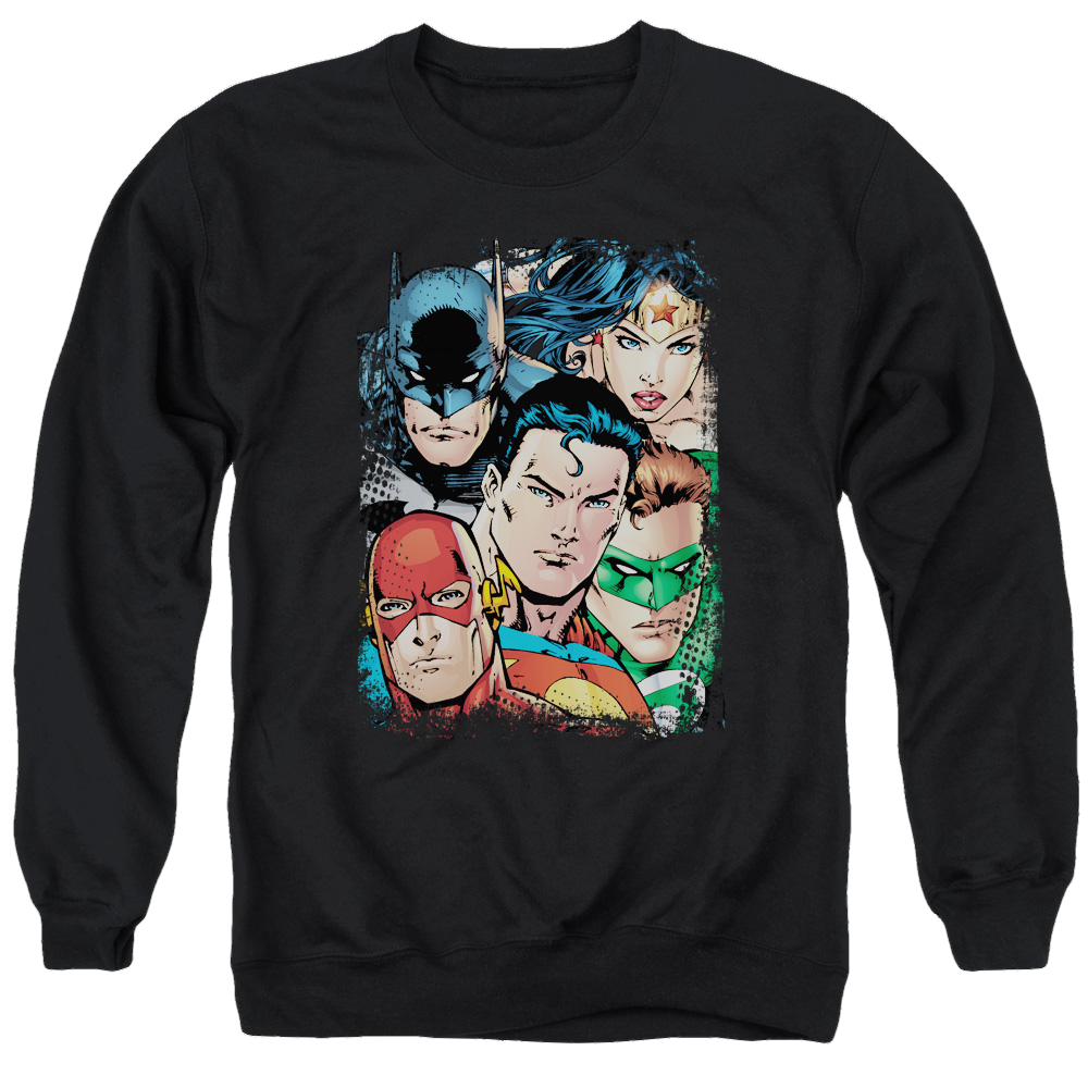 Justice League Up Close And Personal Men's Crewneck Sweatshirt Men's Crewneck Sweatshirt Justice League   
