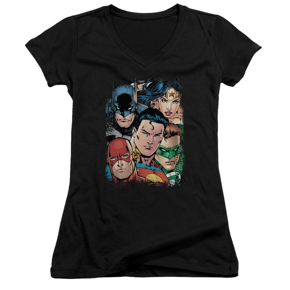 Justice League Up Close And Personal Juniors V-Neck T-Shirt Juniors V-Neck T-Shirt Justice League   
