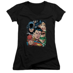 Justice League Up Close And Personal Juniors V-Neck T-Shirt Juniors V-Neck T-Shirt Justice League   