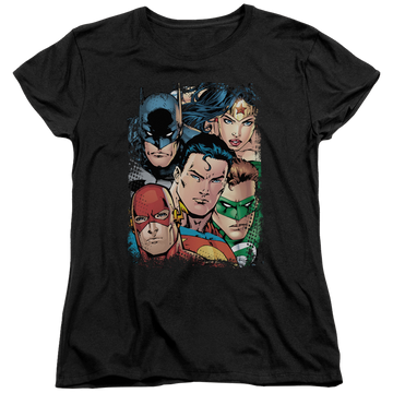 Black women's t-shirt with Justice League Up Close And Personal graphic