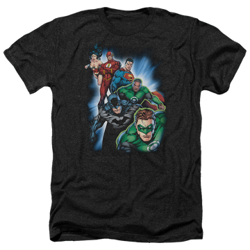 Charcoal men's heather t-shirt with Justice League Heroes Unite graphic