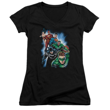 Black juniors v-neck t-shirt with Justice League Heroes Unite graphic