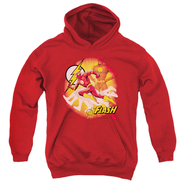 Red youth hoodie for ages 8 to 12 with The Flash Lightning Fast graphic