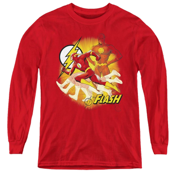 Red youth long sleeve t-shirt with The Flash Lightning Fast graphic