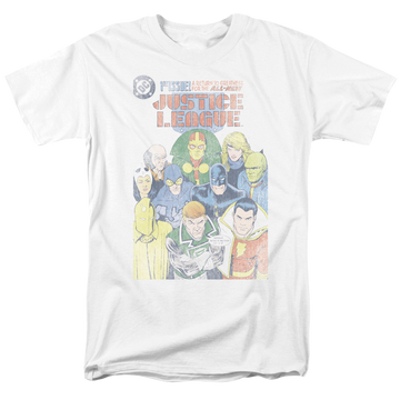 White men's regular fit t-shirt with Justice League #1 Cover graphic
