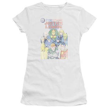 White juniors t-shirt with Justice League #1 Cover graphic