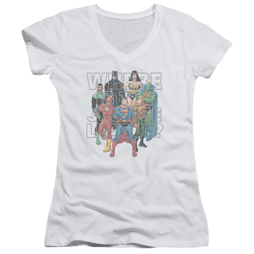 White juniors v-neck t-shirt with Justice League Classified #1 Cover graphic