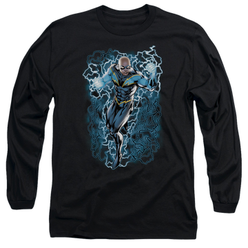 Black men's long sleeve t-shirt with DC Comics Justice League Black Lightning Bolts graphic