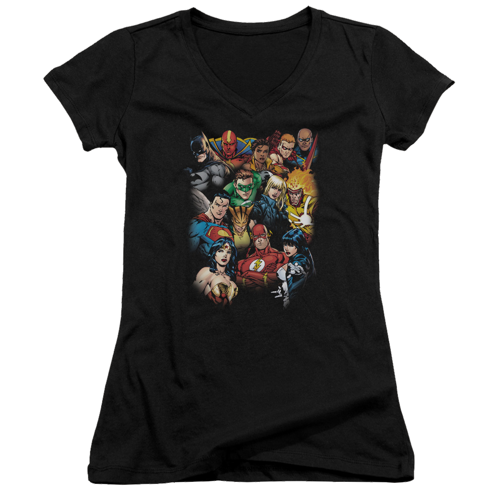 Justice League The Leagues All Here Juniors V-Neck T-Shirt Juniors V-Neck T-Shirt Justice League   