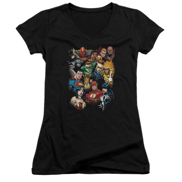 Black juniors v-neck t-shirt with Justice League The Leagues All Here graphic