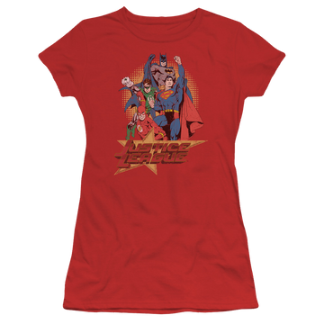 Red juniors t-shirt with Justice League Raise Your Fist graphic