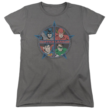 Charcoal women's t-shirt with Justice League Four Heroes graphic