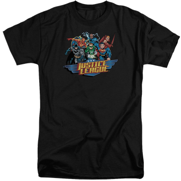 Black men's tall fit t-shirt with Justice League Ready To Fight graphic