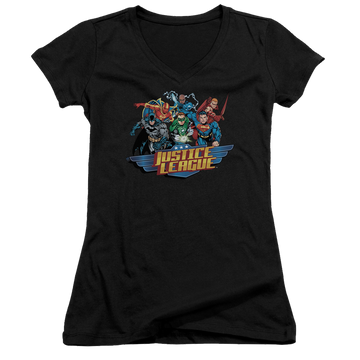 Black juniors v-neck t-shirt with Justice League Ready To Fight graphic