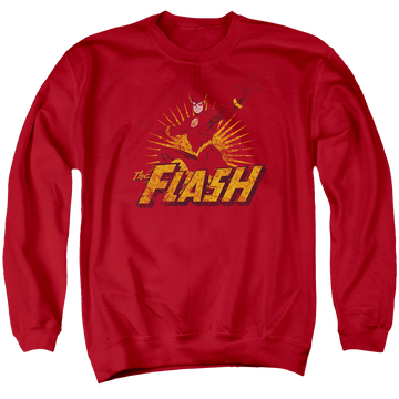 Red men's crewneck sweatshirt with Flash Rough Distress graphic