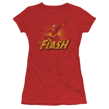 Red juniors t-shirt with Flash Rough Distress graphic