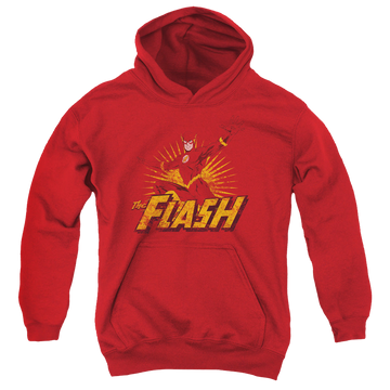 Red youth hoodie for ages 8 to 12 with Flash Rough Distress graphic