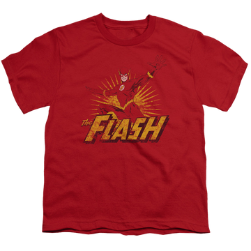 Red youth t-shirt for ages 8 to 12 with Flash Rough Distress graphic