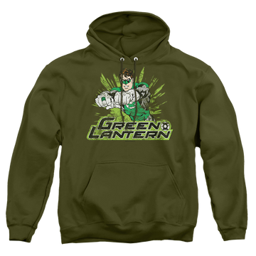 Military green pullover hoodie with Green Lantern Gl Rough Distress graphic